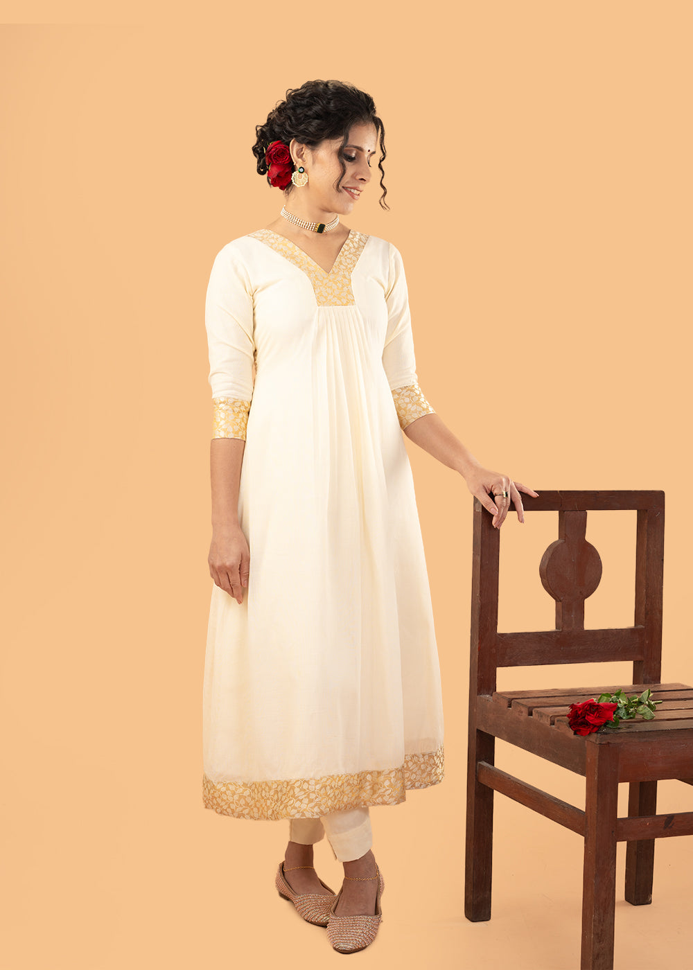 Kerala Kasavu Kurthi with Jacquard Border & Front Gathering | Elegant V-Neck Ethnic Kurthi DishaCreationz Kerala Kasavu Kurthi with Jacquard Border & Front Gathering | Elegant V-Neck Ethnic Kurthi DishaCreationz