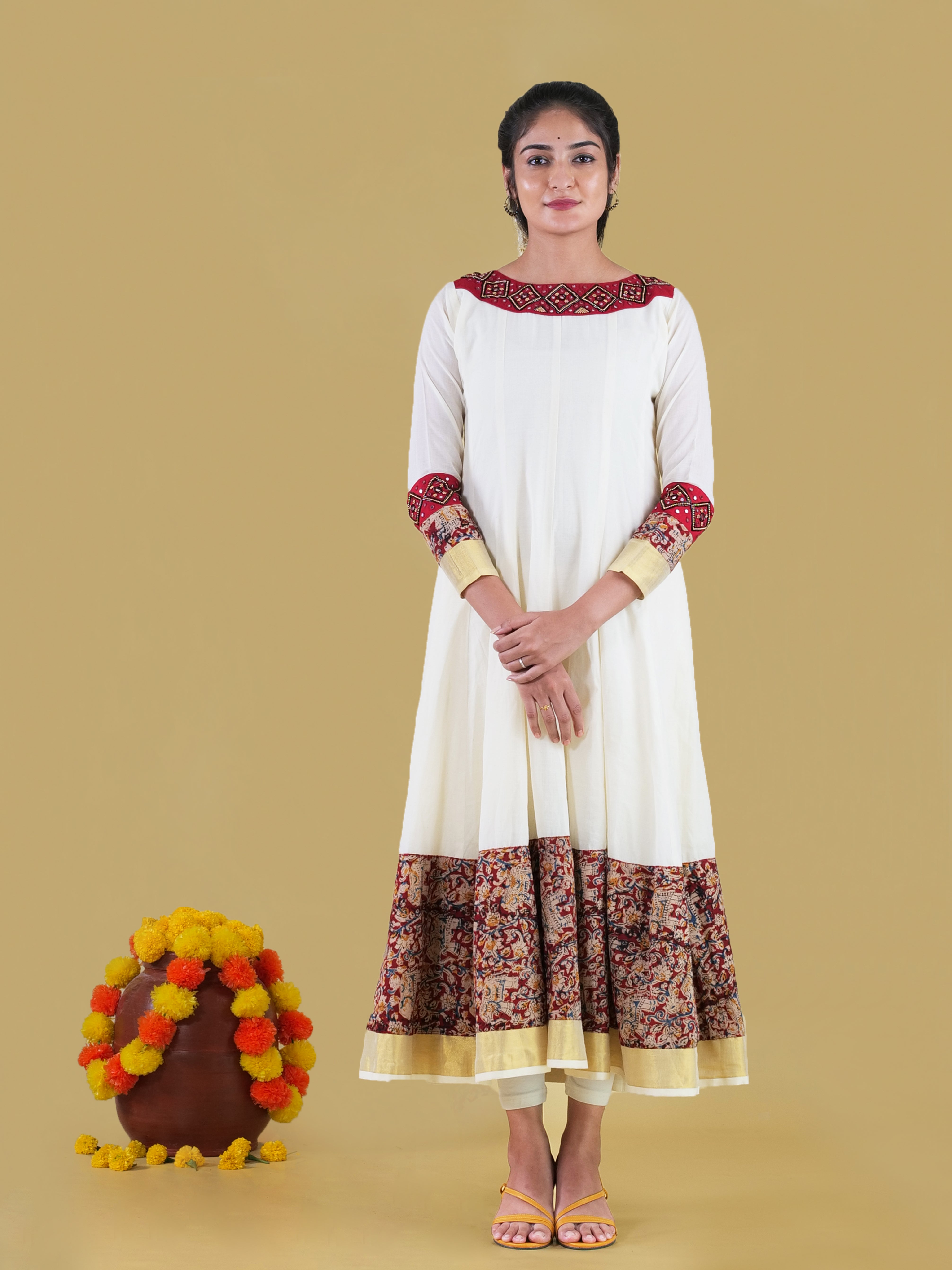 Kerala Style Anarkali Kerala Kasavu Panel-Cut Anarkali With