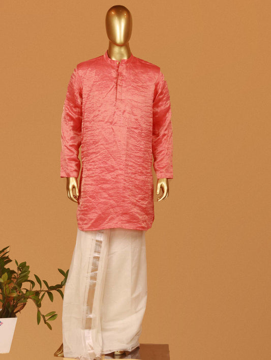 Men's Peach Kurtas in Luxurious Tissue Fabric, Adorned with Elegant Golden Stripes