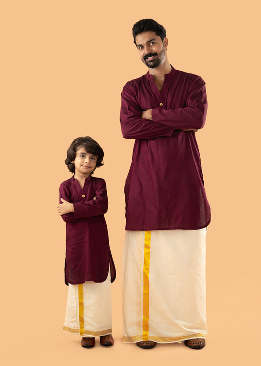 Purple raw cotton kurta Father and Son Combo