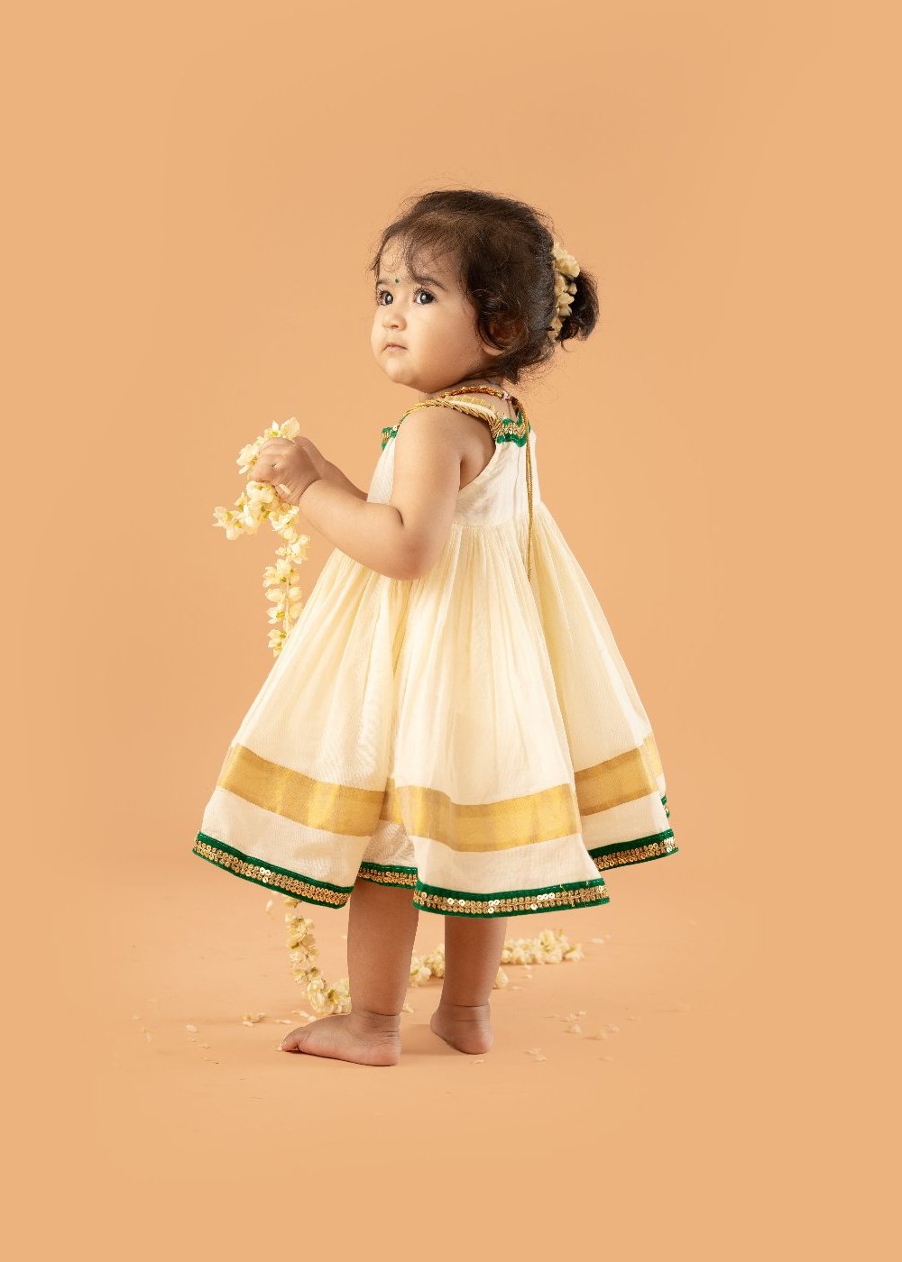 Kerala Kasavu Frock for Festive Wear – Dark Green Lace, Pleated