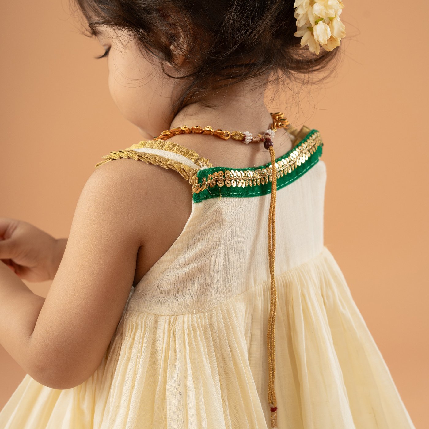 Kerala Kasavu Frock for Festive Wear – Dark Green Lace, Pleated