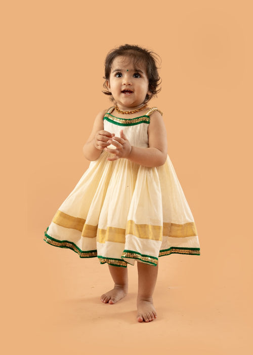 knee length dresses for ladies Buy Classic Elegance. The Kerala Kasavu Cotton & Zari Long Ethnic Kurta /  Dress main image 0