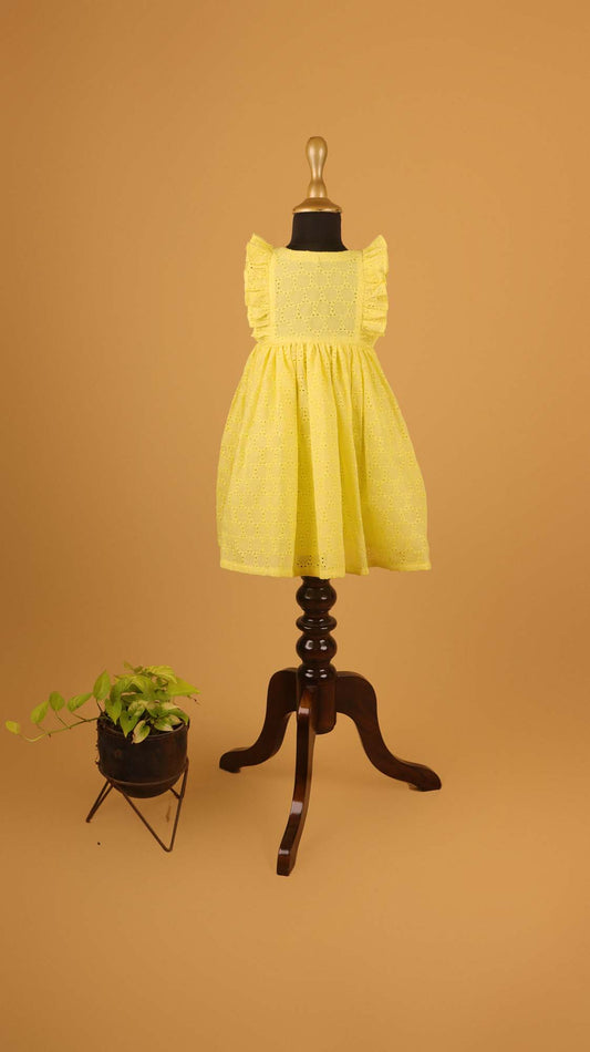 Yellow Hakoba Casual Frock with Ruffled Sleeves