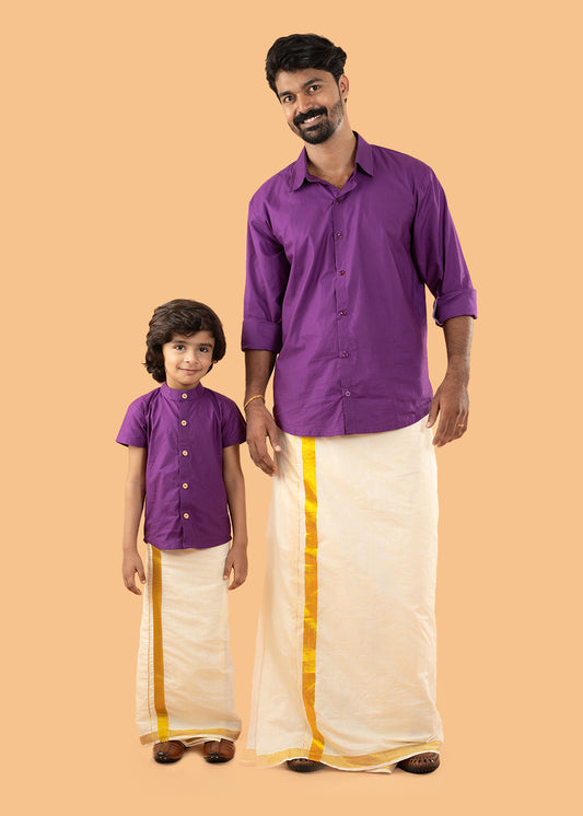 Violet cotton Full sleeve shirt with mund - Father and Son Combo