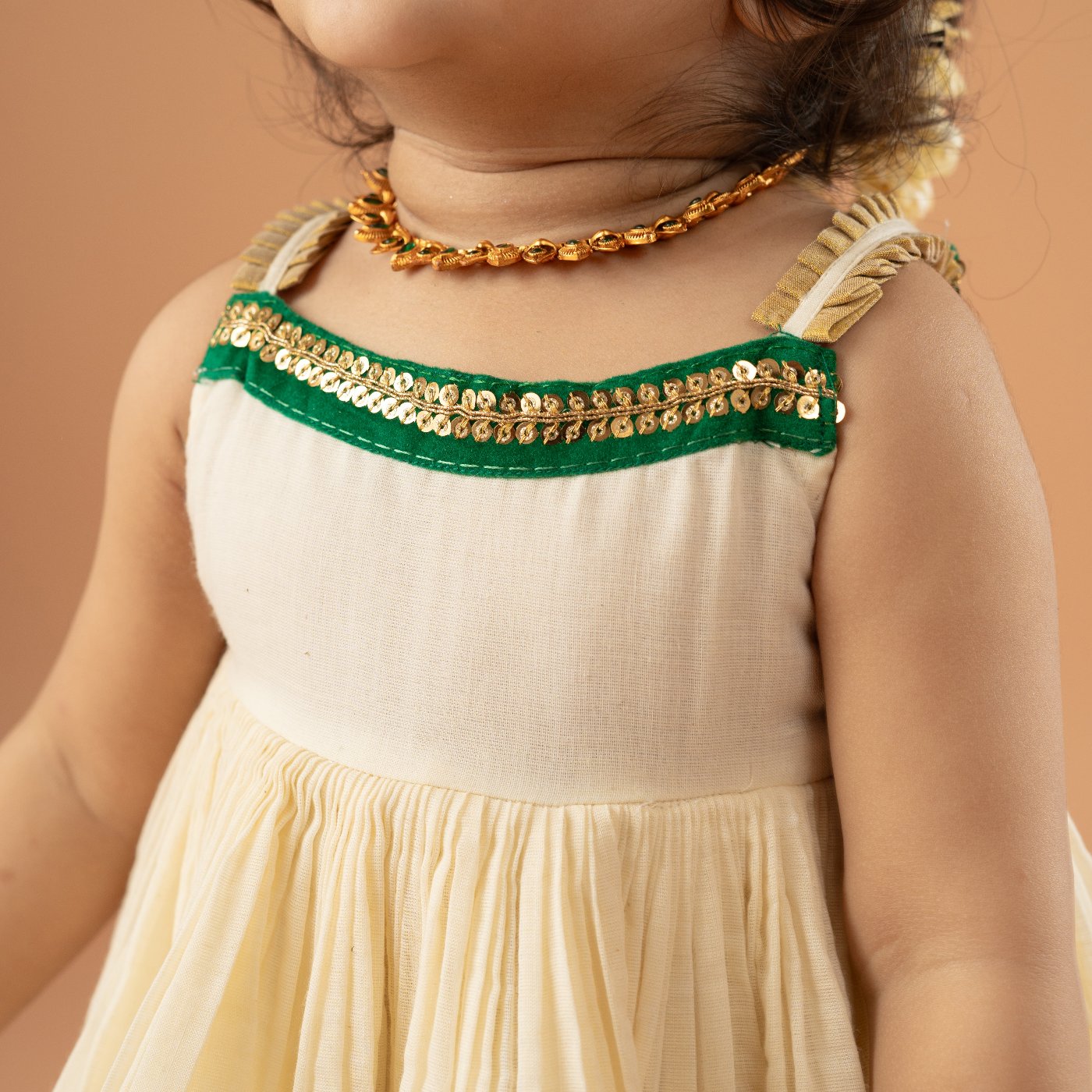 Kerala Kasavu Frock for Festive Wear – Dark Green Lace, Pleated