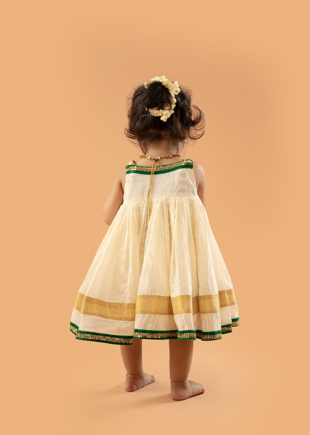 Kerala Kasavu Frock for Festive Wear – Dark Green Lace, Pleated