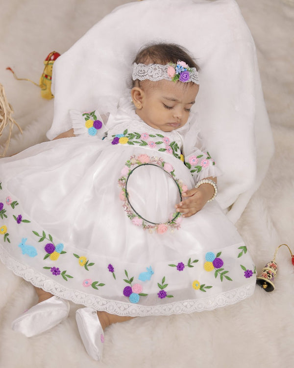 White Baptism Dress Set with Bead work detailing