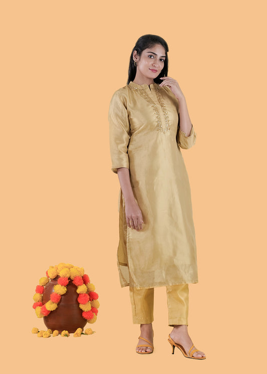 Beige Tissue Kurthi & Pencil Pant