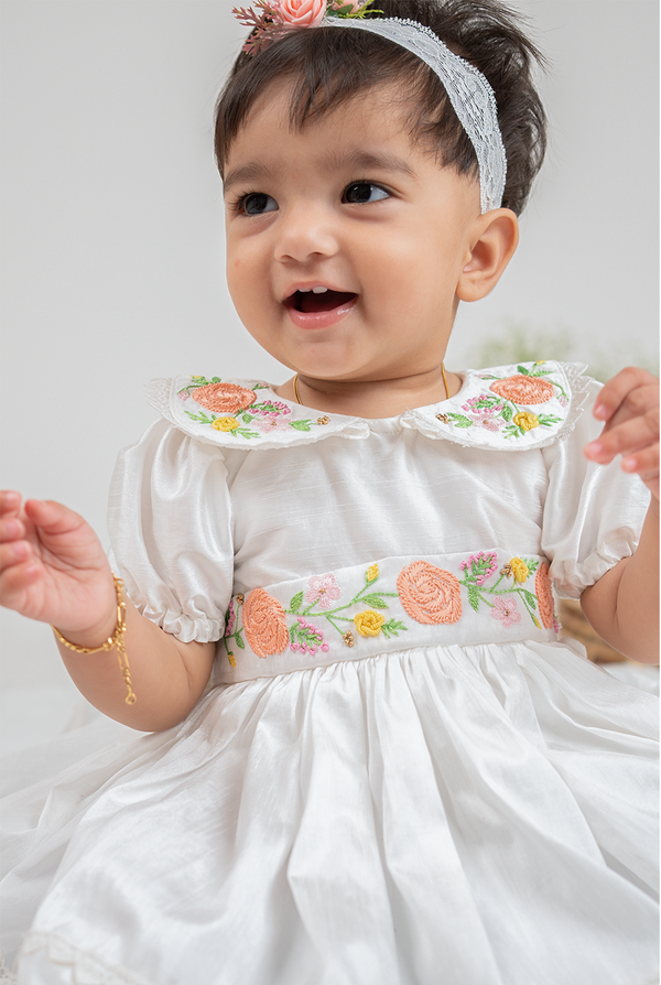 White  and Peach Baptism Dress Set for Girls