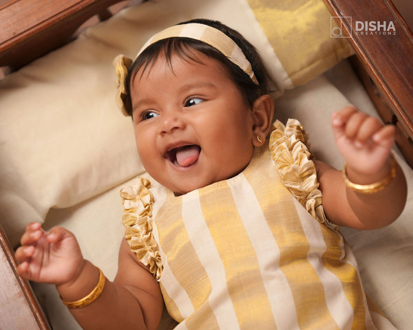Ardra - A-Line Cream Onam Frock with Beige Tissue Stripes