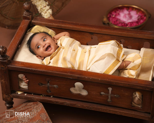 Pooram - Double Collar Cream Shirt with Golden Stripes & Velcro Mundu