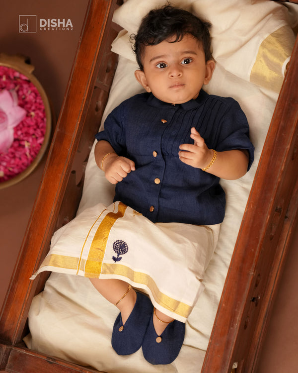 Avittam - Navy blue Linen Shirt with hand worked mundu