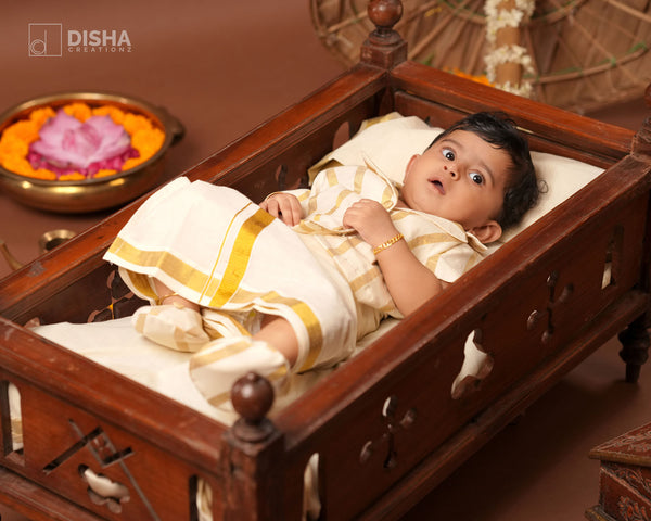 Punartham - Double Collared Cream Onam Shirt with Golden Stripes and Velcro Mund