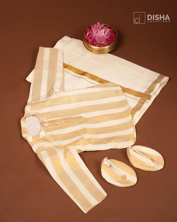 Utradom - Cream Tissue Striped Kurta with Mandarin Collar & Velcro Mundu