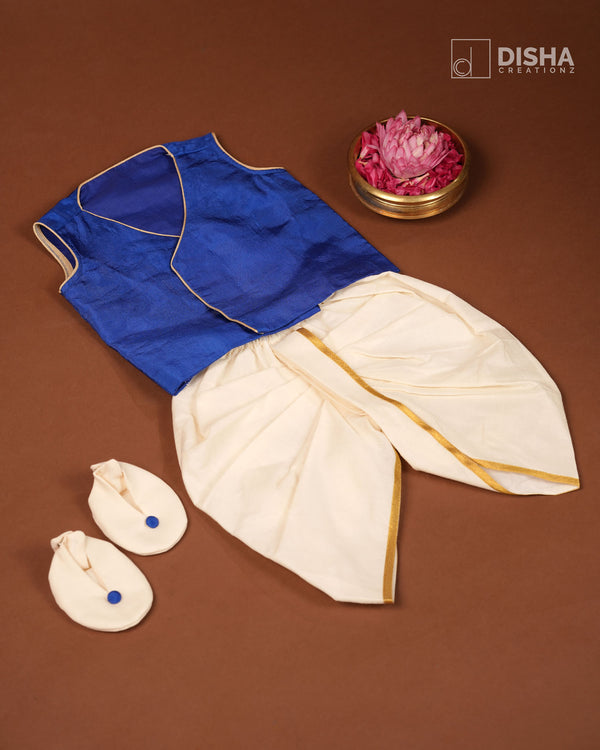 Anizham - Royal Blue Silk Sleeveless Short Kurta & Dhoti