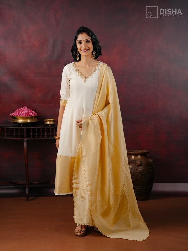 Mandaram - Elegant Panel-Cut Kurthi in Kerala Kasavu Cotton with Handwork Neckline & Wide Golden Border