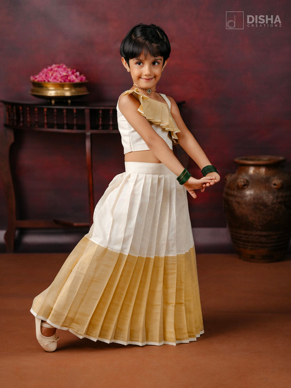 Makam - Pleated Kerala Kasavu Cotton Top & Skirt Set with Border Detailing