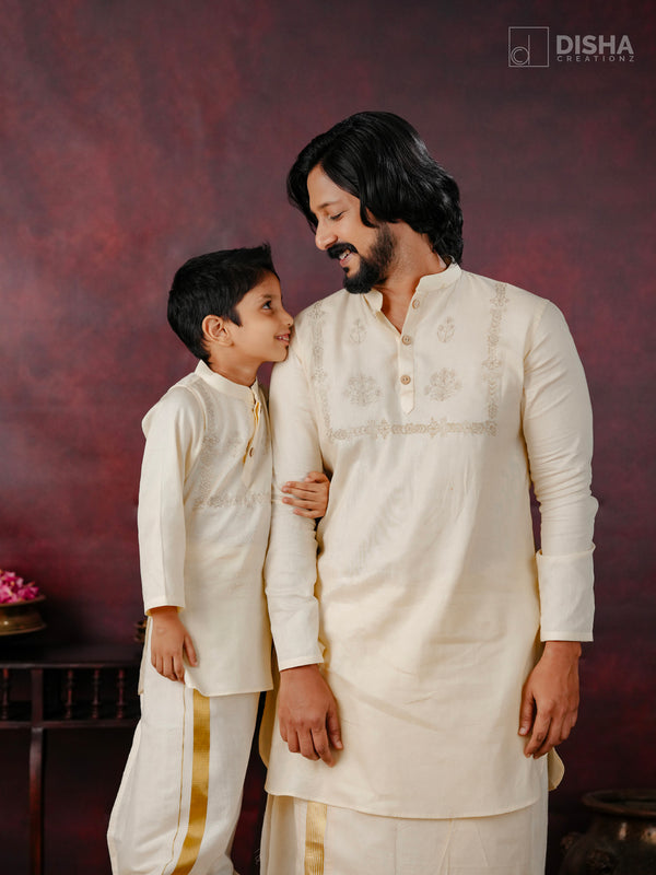 Anizham & Vishakham - Elegant Father-Son Onam Combo in Cream & Gold