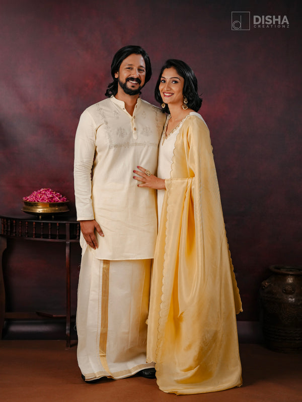 Anizham & Mandharam - Elegant Onam Couple Combo in Cream, Gold & Zari Embroidery