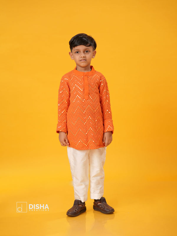 Ivaan – Orange Mirror Work Kurta & White Pant Set for Boys