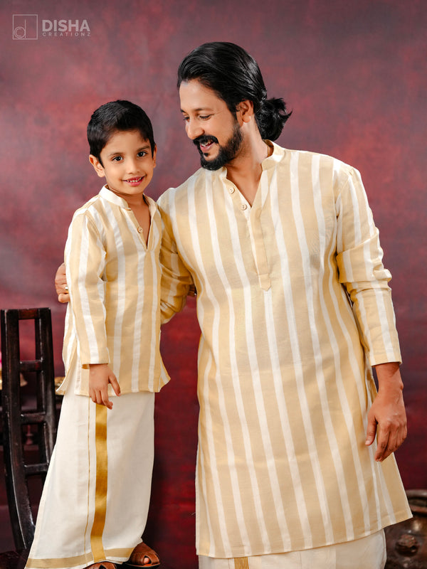 Madhav and ved - Father-Son Onam Combo in Cream Cotton with Golden Tissue Stripes