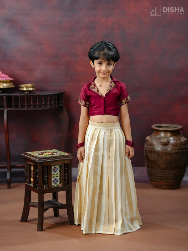 Tara - Cream and coffebrown Onam skirt and top with handwork detailing