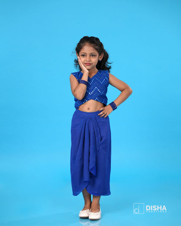 Tanira – Royal Blue Mirror Work Drape Skirt Set for Girls