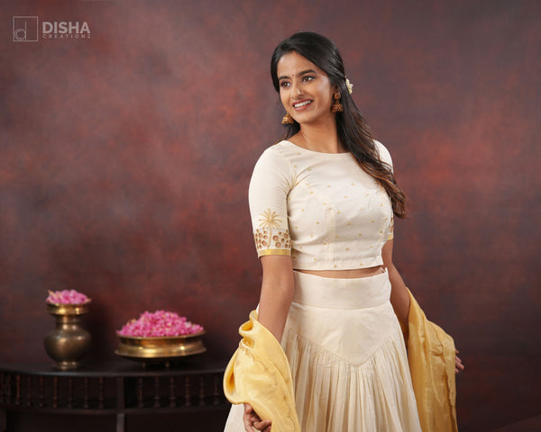 Kalpaka - Kerala Kasavu Cotton Skirt and Top Set with Coconut Tree Handwork & Tissue Dupatta