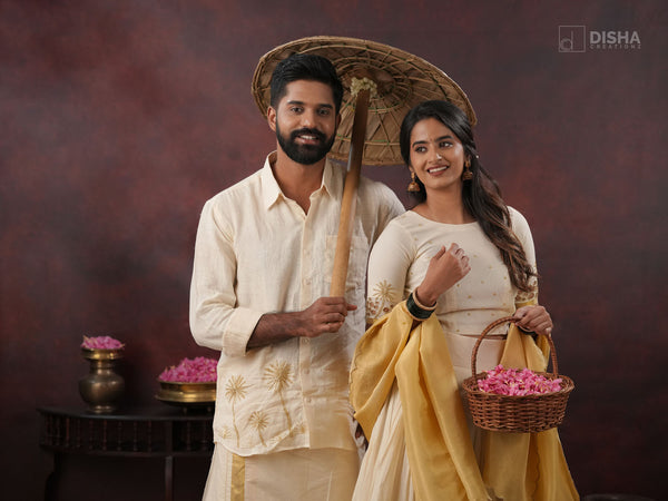 Keram & Kalpaka - Onam Couple Combo with Coconut Motif Handwork & Cutwork Detailing