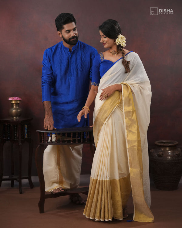 Neelam & Indraneelam - Classy Onam Couple Combo in Royal Blue & Kasavu Elegance