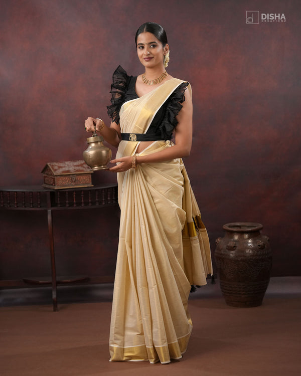 Anaya - Tissue Saree with Black Organza Blouse & Handworked Elephant Belt – Elegant Festive Wear for Women