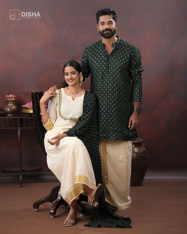 Hari and Ila - Elegant Onam Couple Combo in Dark Green Chanderi & Kasavu Cotton