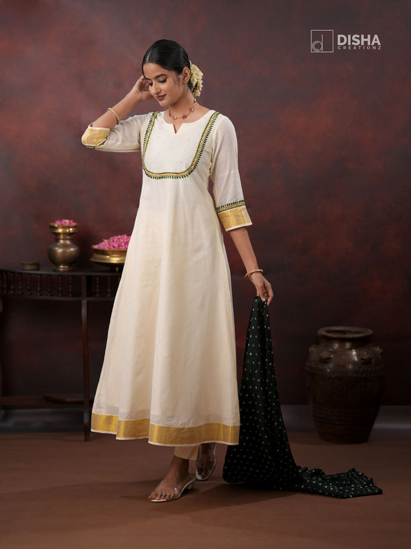 Ila - Kerala Kasavu Cotton Kurthi with Dark green hand embroidery