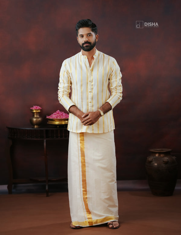 Thriketta  Men’s Cream Kerala Kasavu Cotton Shirt with Golden Stripes