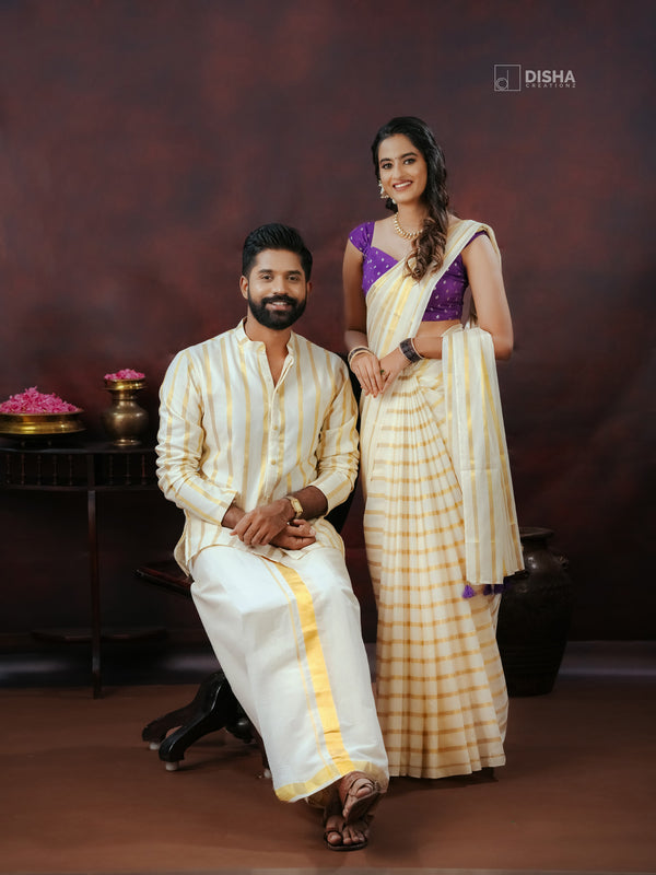 Thriketta & Keerthi - Onam Couple Combo in Cream & Violet with Chanderi Elegance