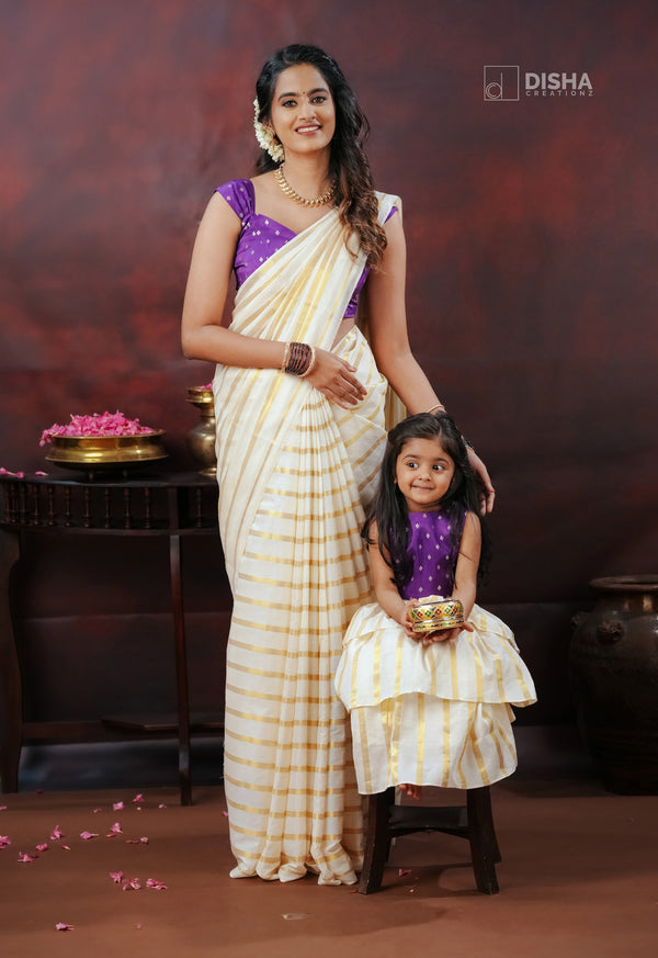Thennal & Keerthi - Elegant Onam Mother-Daughter Combo – Cream & Gold Saree with Violet Chanderi Buttas