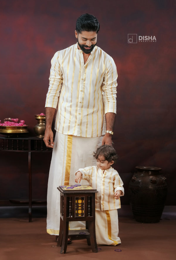 Thrikketta & Tarun -  Father-Son Onam Combo in Cream Cotton & Golden Stripes