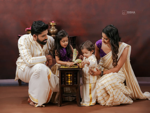 Varnam - Onam Family Combo in Cream & Violet Chanderi