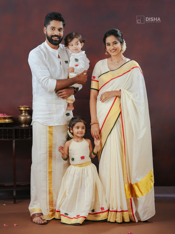 Lotus Loom - Classy Onam Family Combo in White, Red & Green with Lotus Handwork