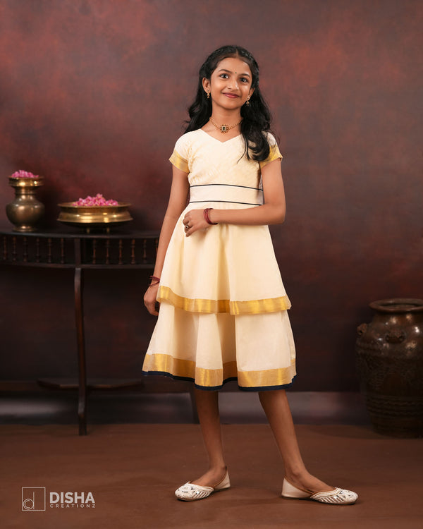 Tarini - Kerala Kasavu Cream 2 layer Frock with Navy Blue Border