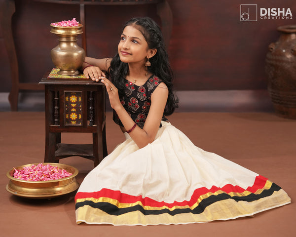Bhadra - Kerala Kasavu Cotton Skirt with Black Ajrakh Mirror Work Top
