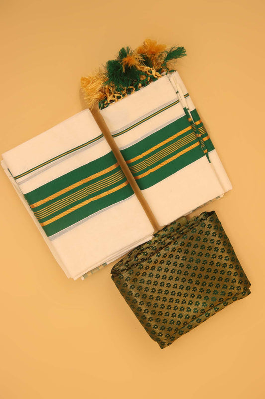 Pure Cotton Kerala Set & Mund in Green & Golden