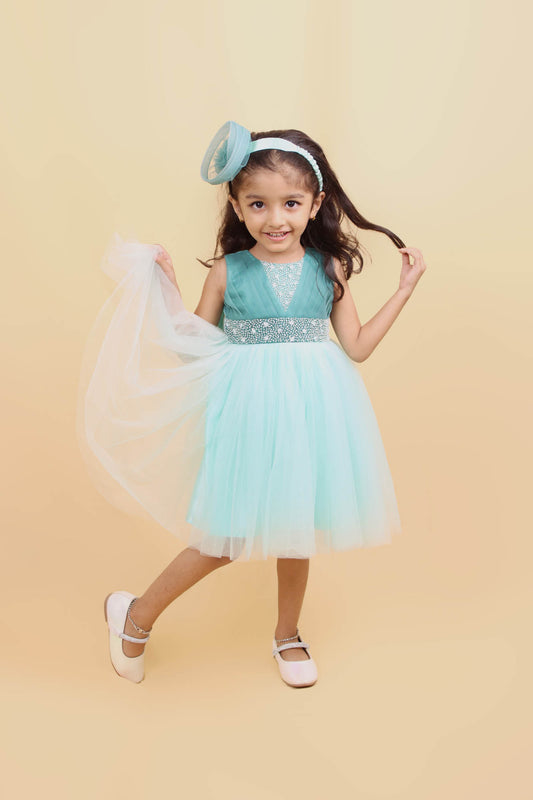 Sea Green Tulle Dress With  Sleeveless Design