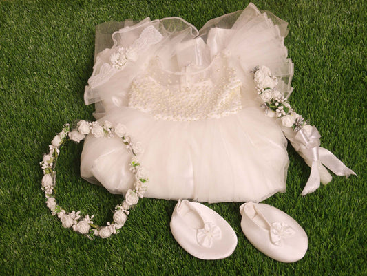 White Baptism Dress Set with Bead work detailing