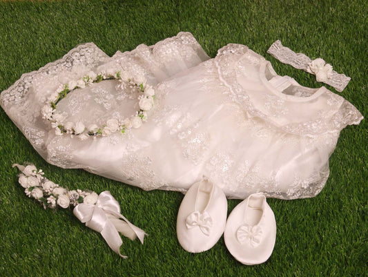 Long White Baptism Dress Set for Girls