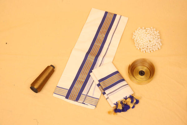 Elegant Kerala Set & Mund in Blue & Gold