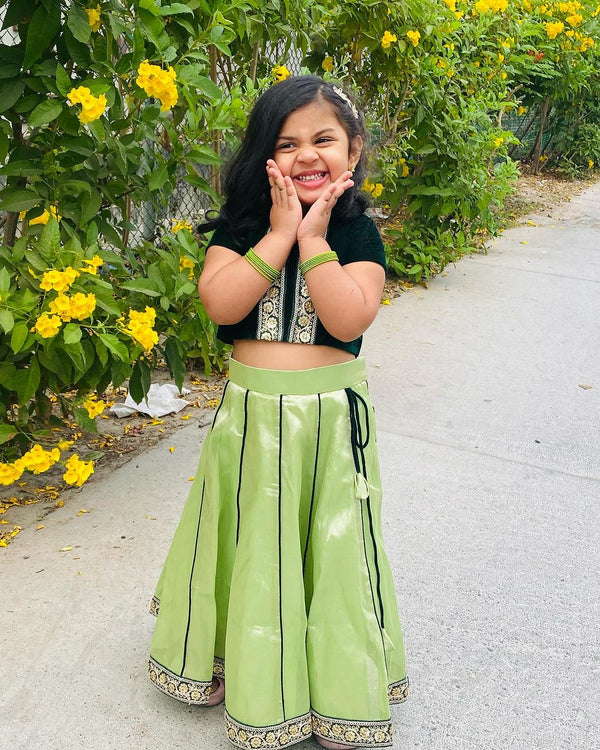 Green Flair - Green Skirt With Black Top With Embroidery