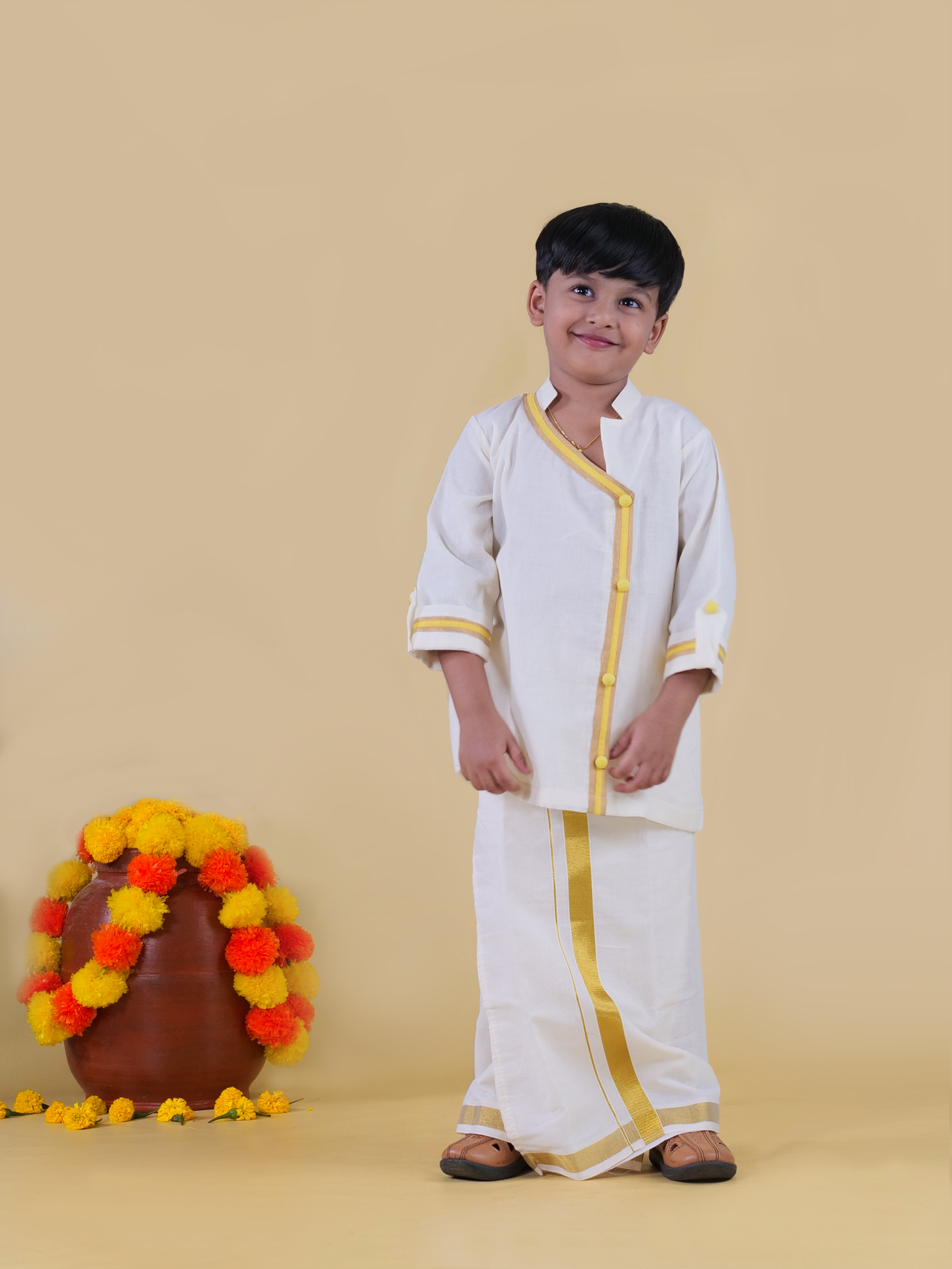 Sponge Button Devansh Kerala Kasavu Cotton Half Kurta – Yellow Piping, Sponge Buttons ...
