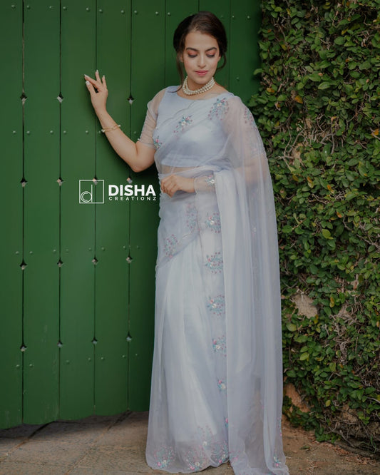 Hand work organza Saree in Powdered Blue